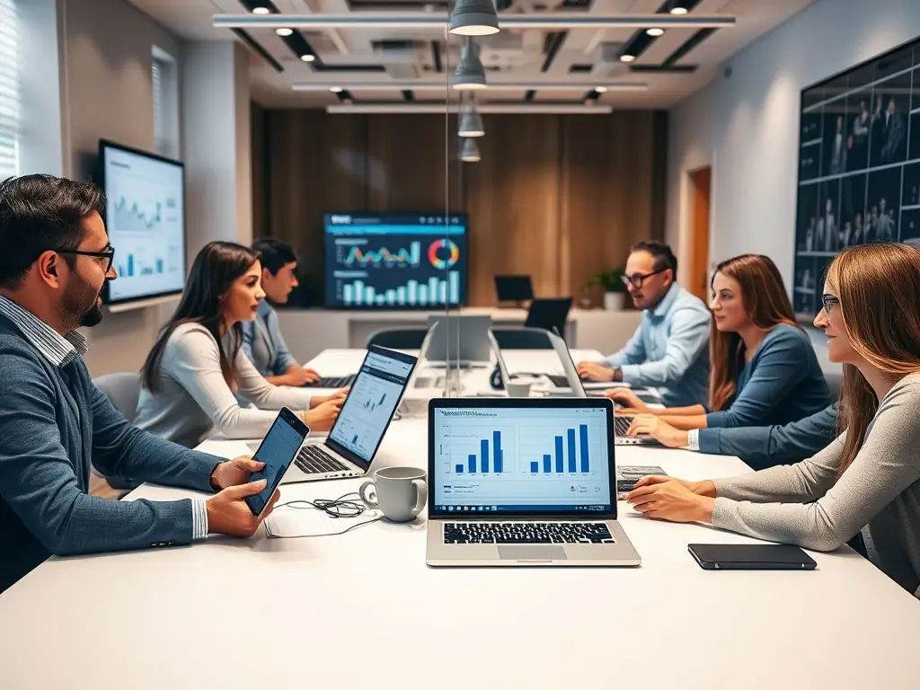 A modern office setting with property managers collaborating around a table, reviewing financial reports and discussing growth strategies, bathed in natural light.