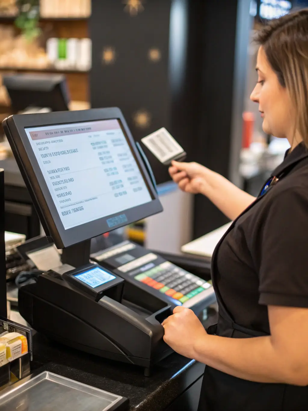 A modern point-of-sale system in a busy retail store, highlighting how OnDeckClone's funding can be used to upgrade technology and improve customer experience.