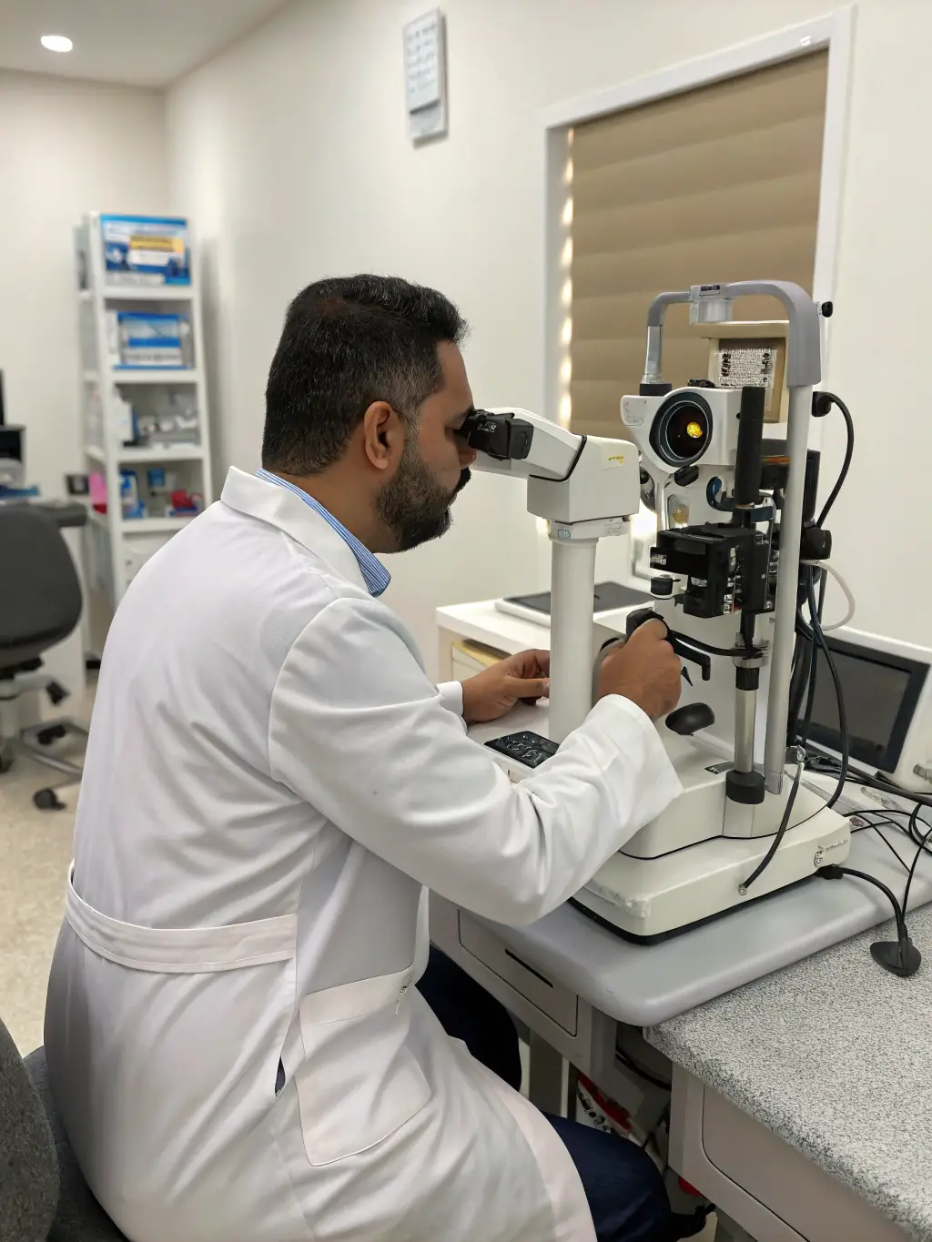 An optometrist using advanced diagnostic equipment, purchased with Mulah funding, to examine a patient's eyes.