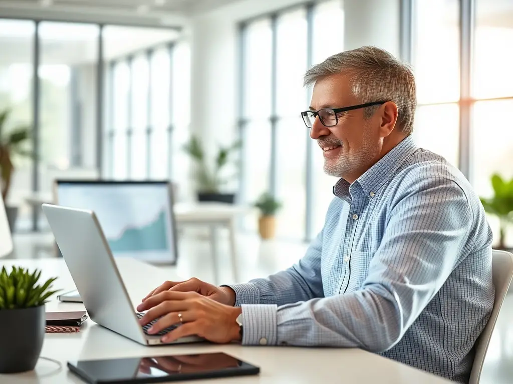 A professional property manager reviewing financial documents in a modern office setting, symbolizing Mulah's understanding of the industry's financial needs.