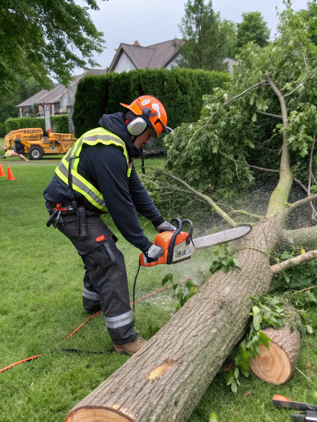 A logger using a chainsaw to fell a tree, highlighting the importance of safety and efficient tools.