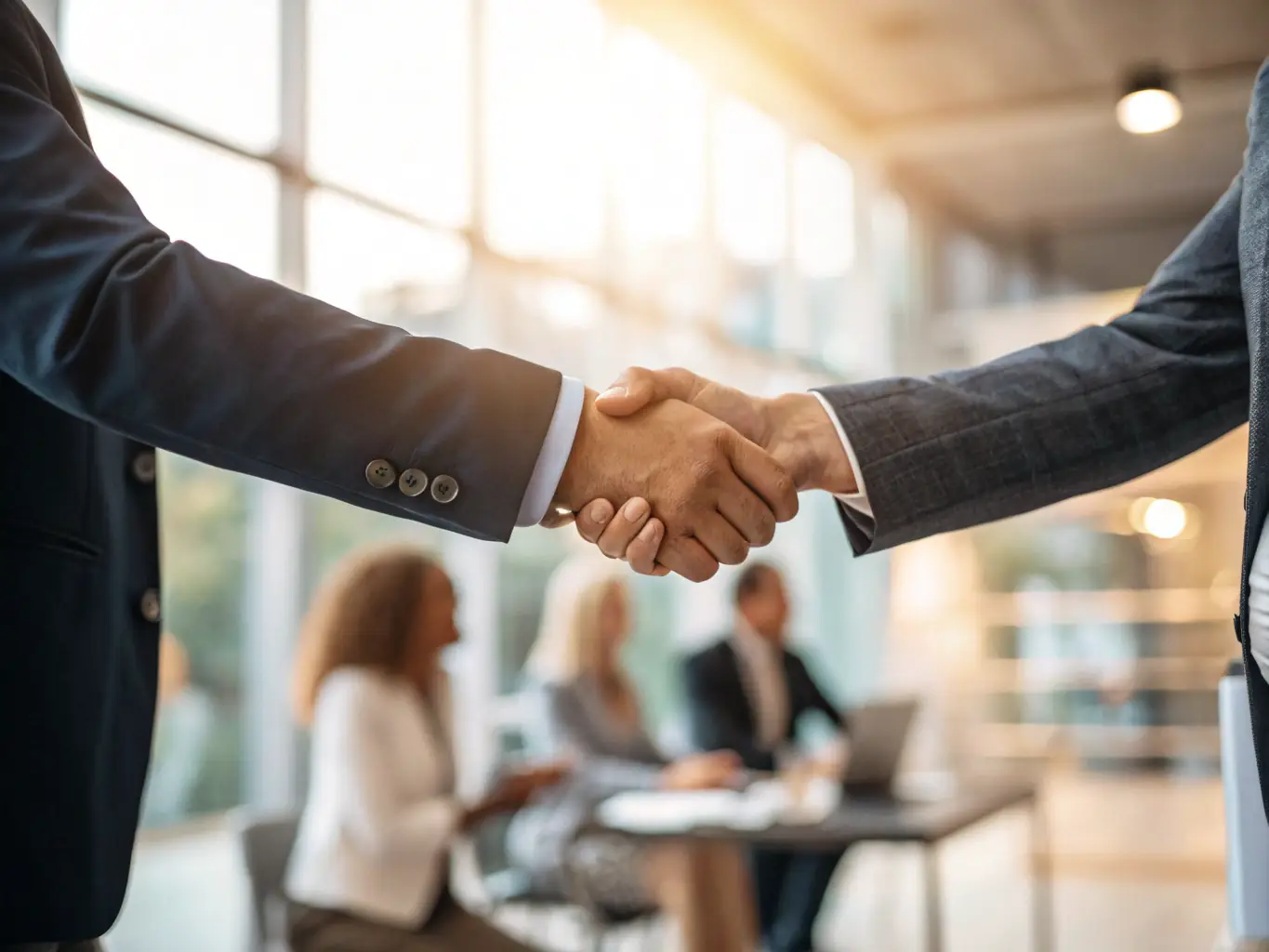 A heartwarming image of a shipping business owner shaking hands with an OnDeckClone representative, symbolizing a successful partnership and mutual commitment to growth and prosperity.