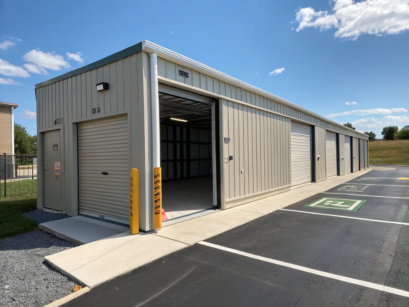 A well-maintained storage facility with a truck parked outside, symbolizing the smooth operation and equipment needs of a storage business.