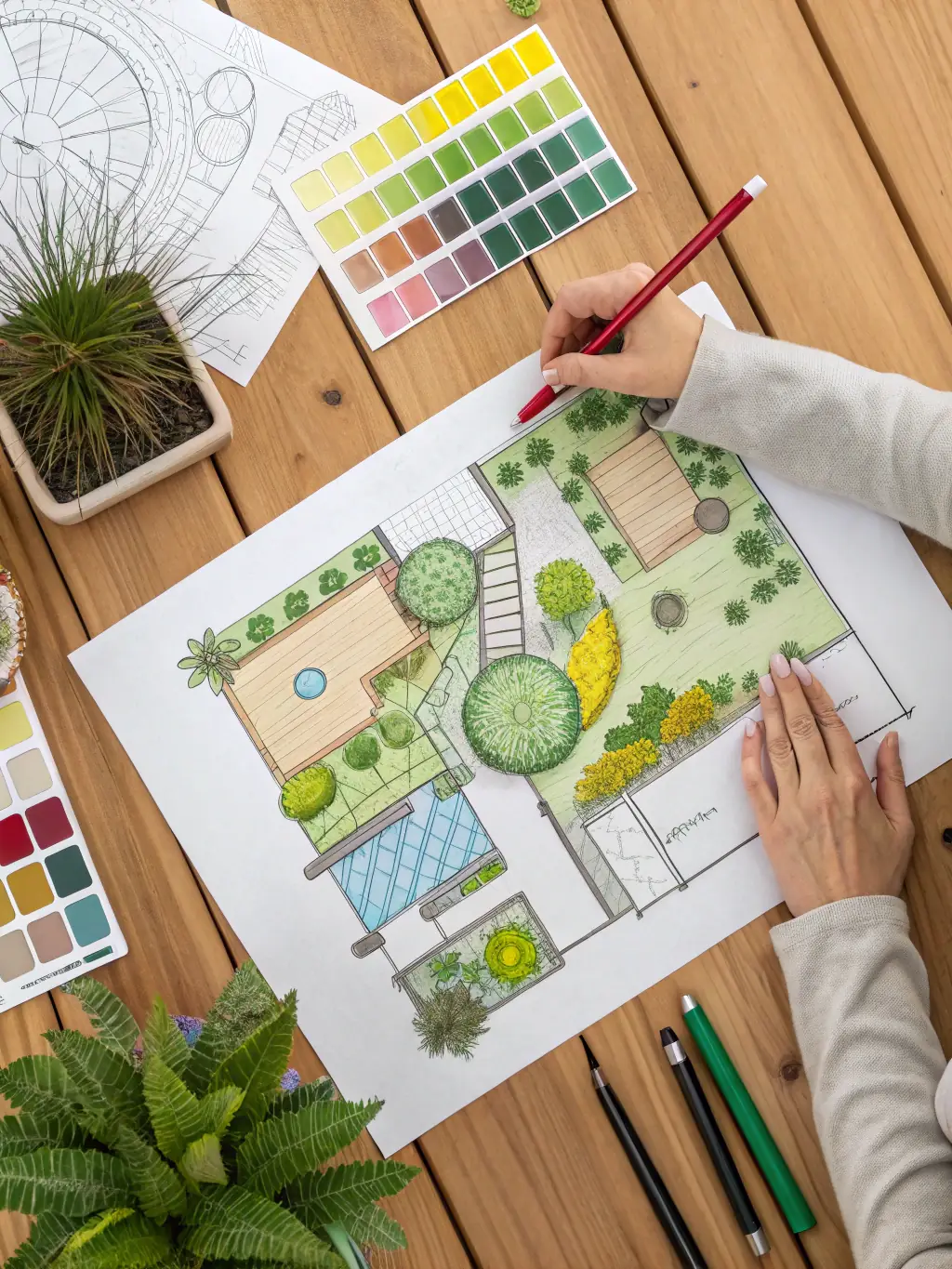 A landscape design plan being reviewed by a landscaping business owner, highlighting the potential for growth and expansion with Mulah's funding.