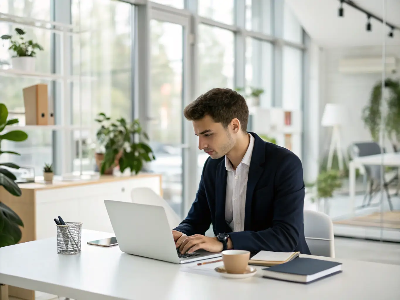 A person working on a laptop in a bright, modern office setting, reviewing financial documents related to working capital management.