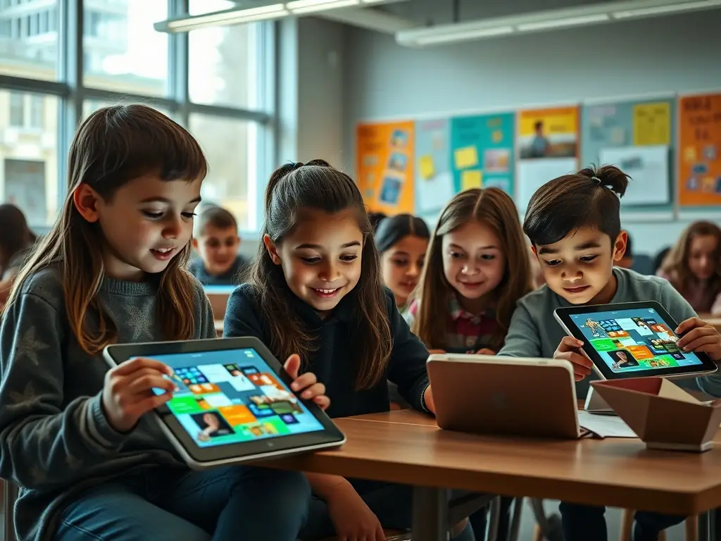 A brightly lit, modern classroom with students engaged in a hands-on learning activity, showcasing the potential for growth and innovation in education with proper funding.