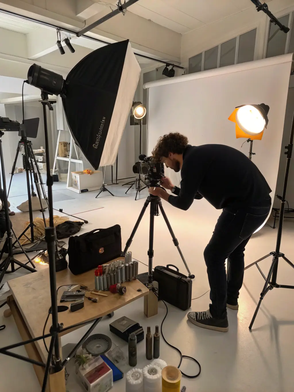 A photographer in their studio, adjusting lighting equipment, symbolizing the need for equipment financing. The image should convey professionalism and attention to detail.