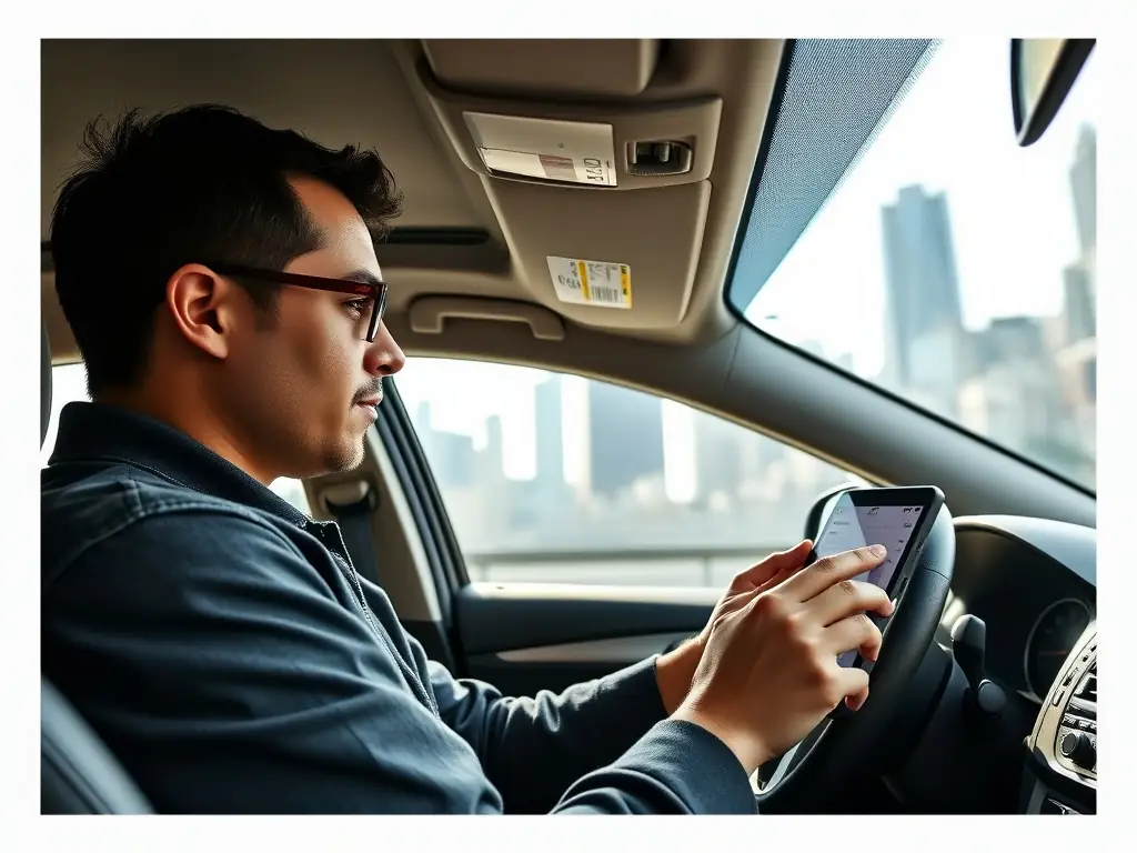 A Lyft driver using the Mulah app on their smartphone to quickly access funding while parked at a scenic overlook.