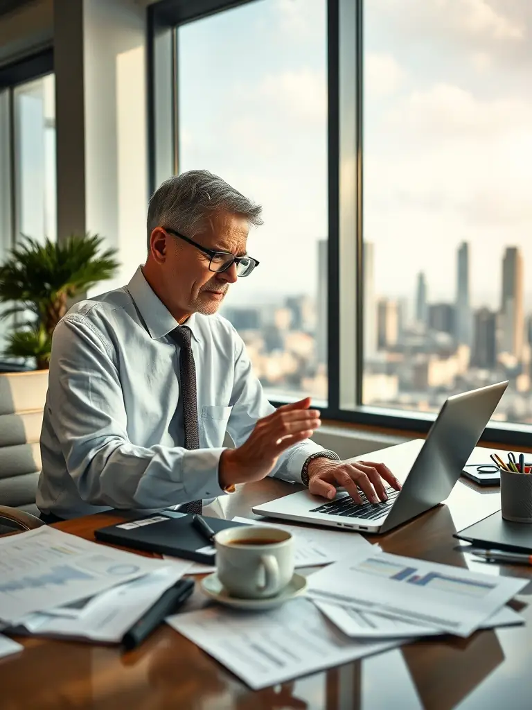 A professional waste management executive reviewing financial documents in a modern office, symbolizing Mulah's industry expertise.
