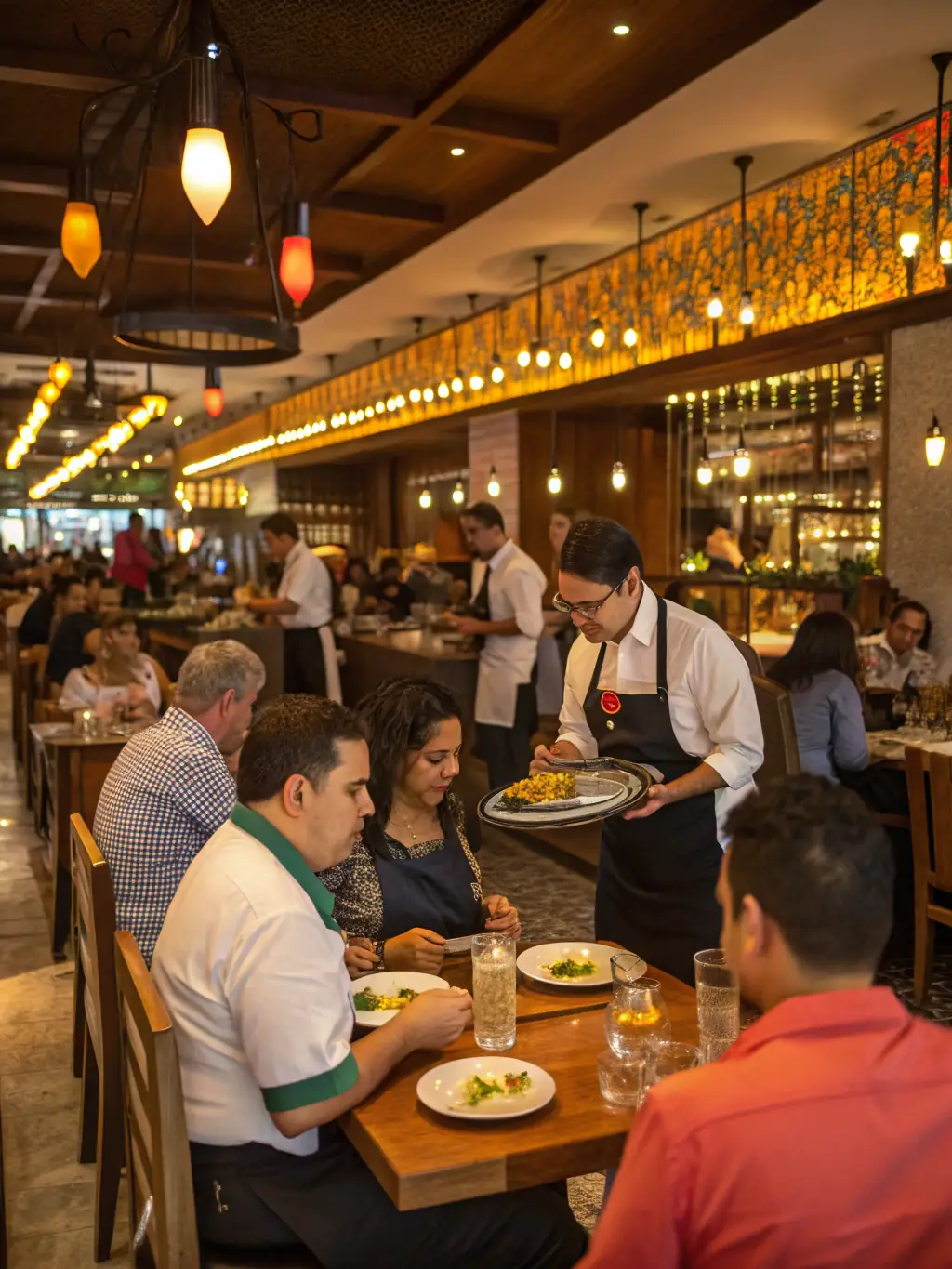 A modern restaurant interior with happy customers, showcasing the positive outcomes of investing in renovations and improvements with Mulah's funding.