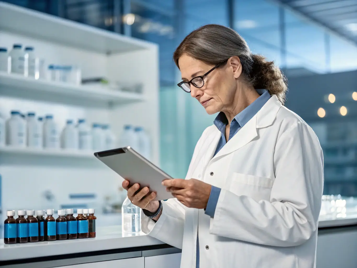 A pharmacist using a tablet to manage patient records and prescriptions, highlighting the use of technology to improve patient care and streamline operations, enabled by Mulah's funding.