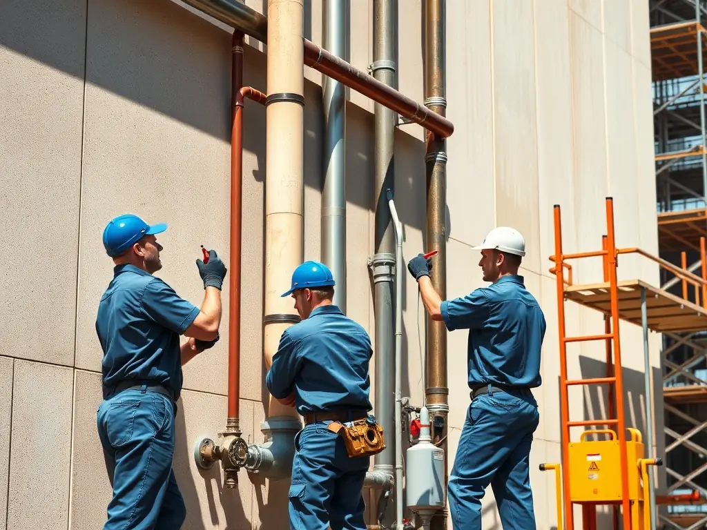 A professional plumber reviewing blueprints on a job site, symbolizing strategic business planning and growth enabled by Mulah.com funding.