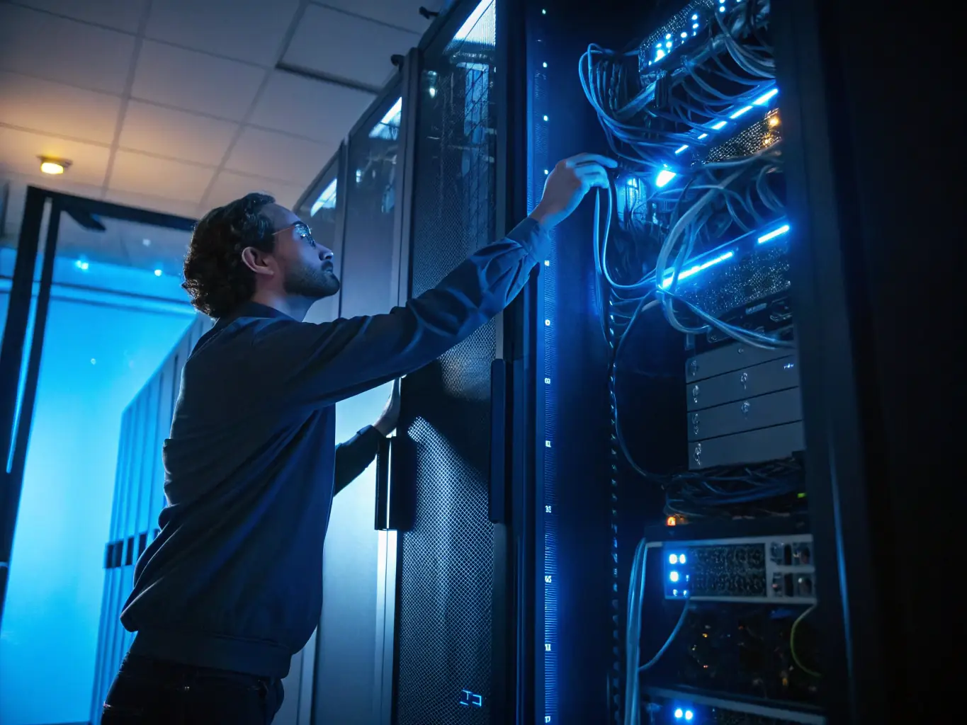 A modern telecommunications technician working on a network server in a data center, surrounded by blinking lights and complex cabling, symbolizing the need for working capital in the telecom industry.
