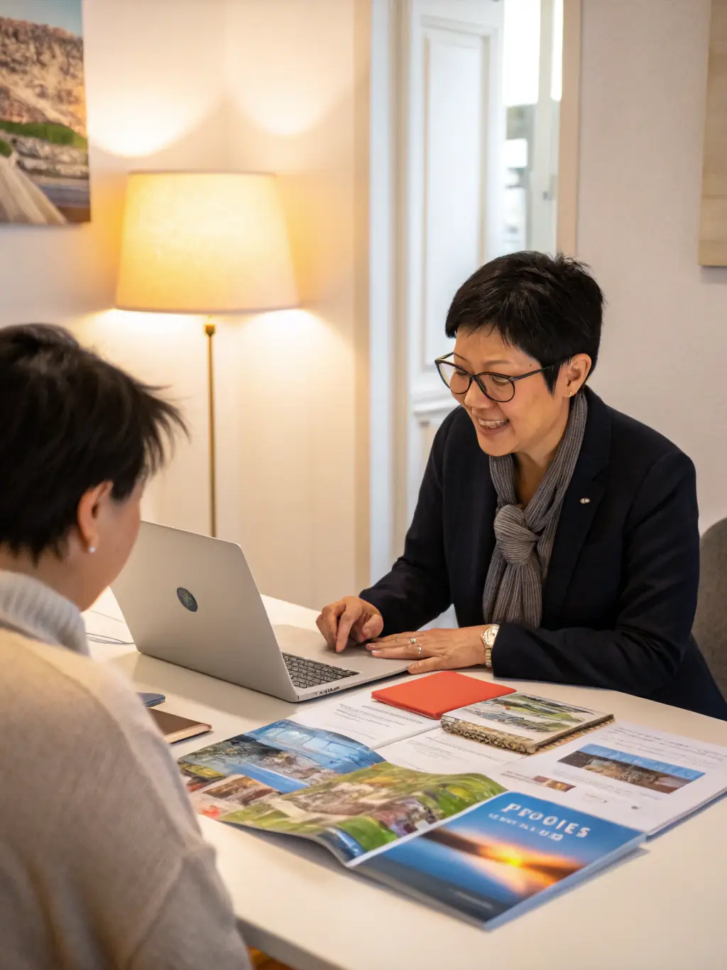 A travel agent sitting at their desk, reviewing financial documents with a calculator nearby, representing working capital management.