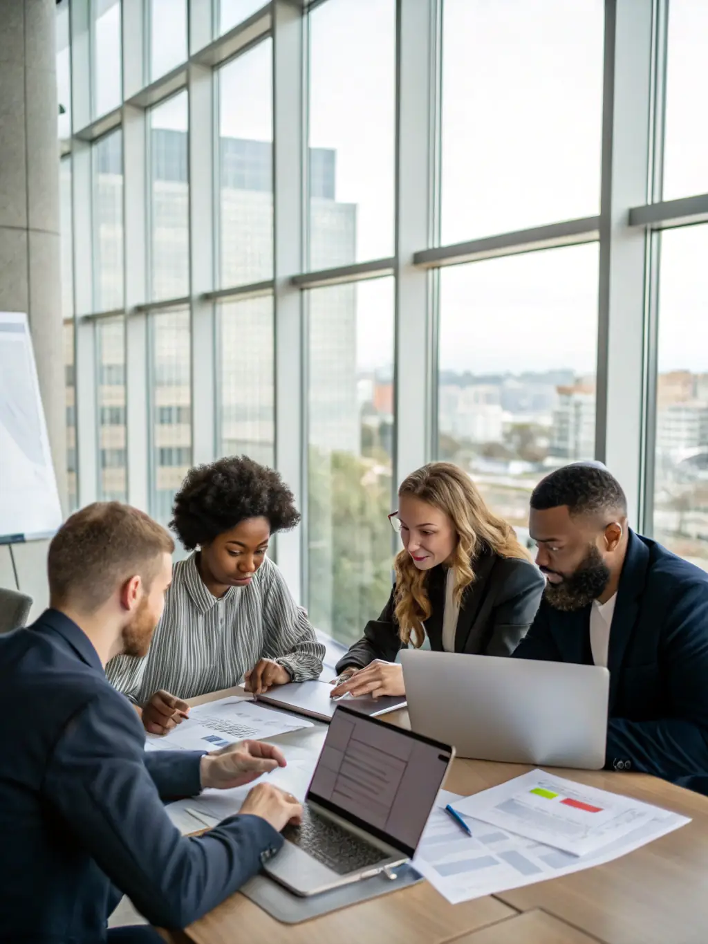 A diverse team of financial experts collaborating around a table, reviewing landscaping business plans with a focus on growth and sustainability.