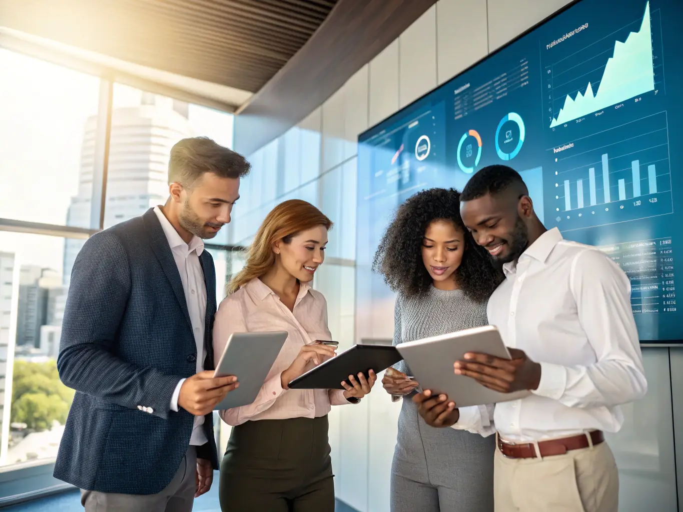 A team of property managers collaborating on expansion plans in a modern office setting, showcasing growth and strategic development.