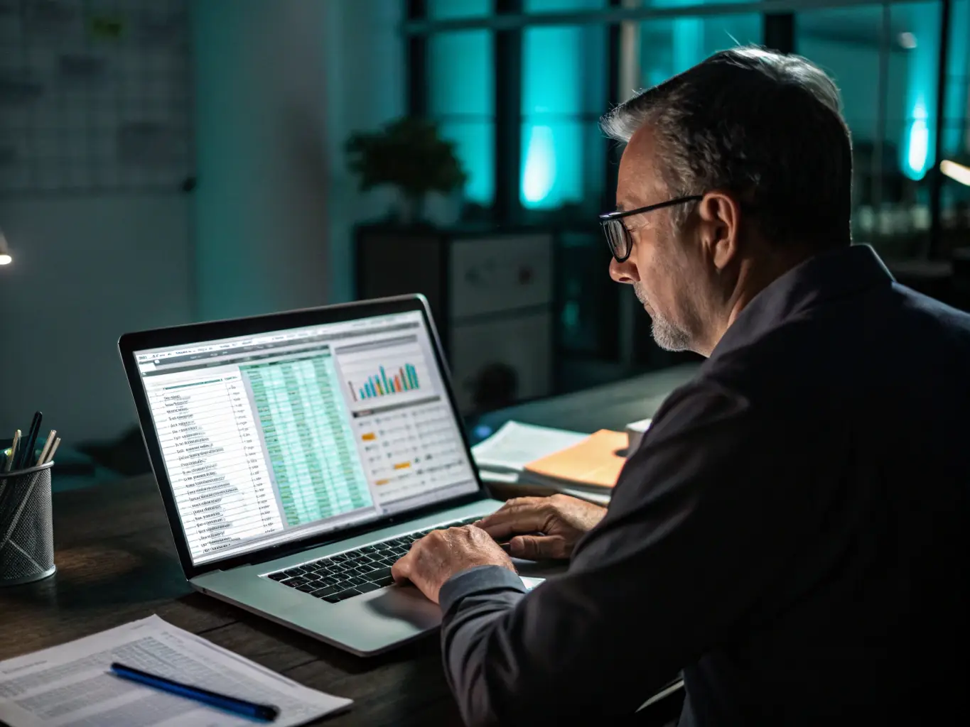 A property manager reviewing financial documents in a well-lit office, symbolizing careful planning and strategic financial decisions.
