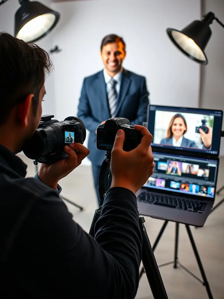A professional photographer in their studio, smiling and confidently adjusting camera settings, showcasing their expertise and passion for their craft.