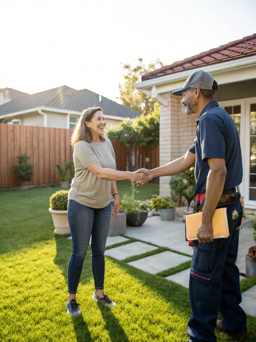 A successful landscaping project nearing completion, with a happy client shaking hands with the landscaping business owner, symbolizing successful partnerships.