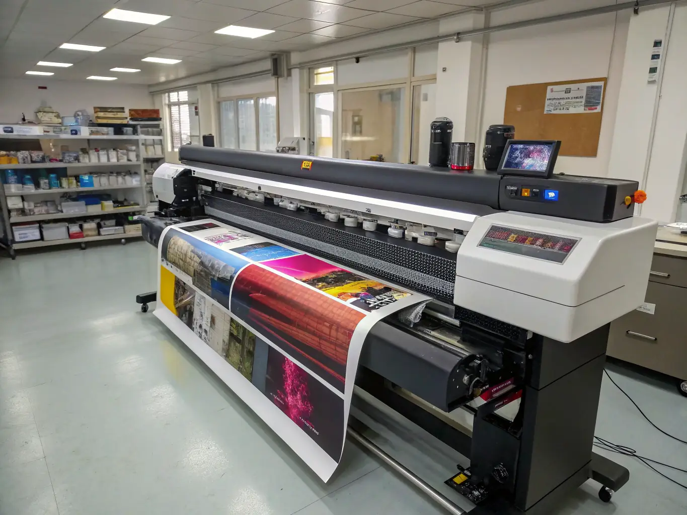 A professional printing press operator adjusting settings on a large format printer in a busy print shop, showcasing precision and expertise.