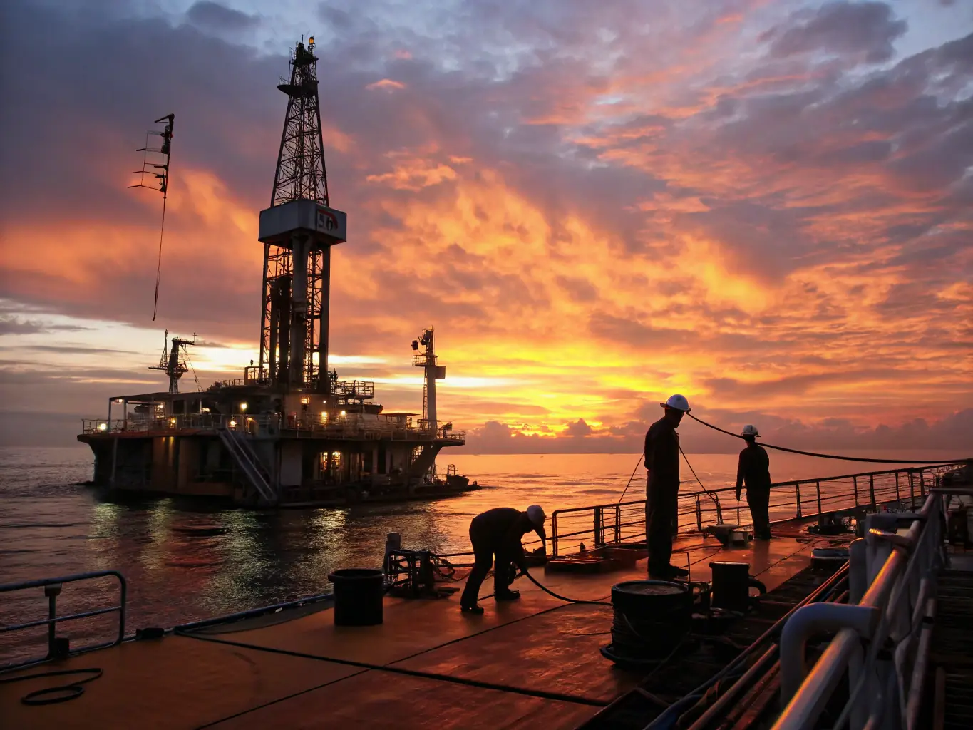 A photograph depicting a modern oil rig at sunset, symbolizing the blend of tradition and innovation in the oil industry, used to represent Mulah's commitment to funding advancements in the sector.