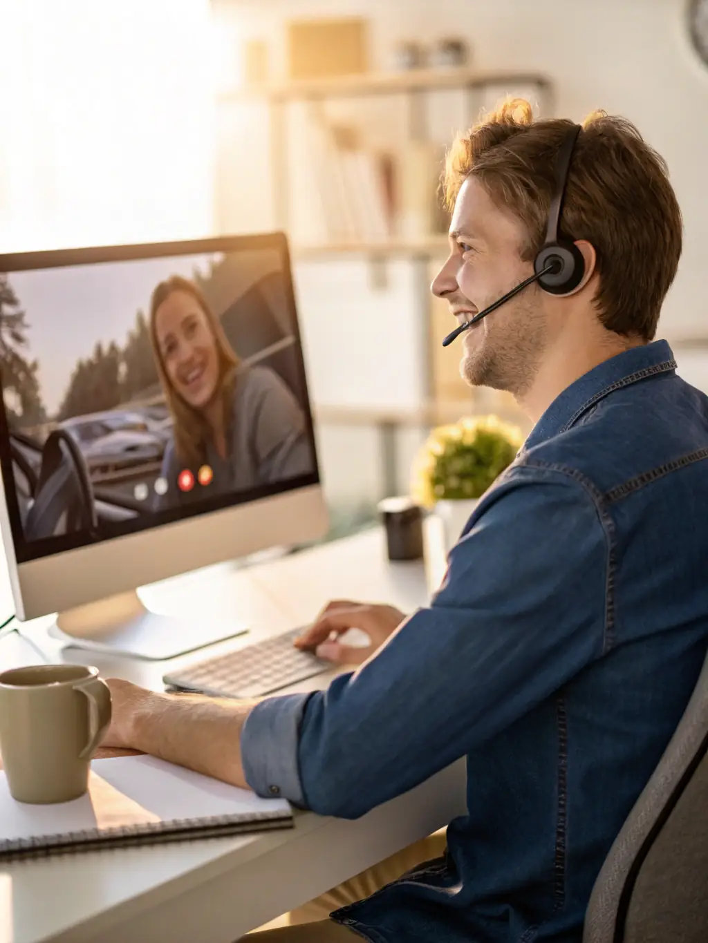 A supportive Mulah representative assisting a Lyft driver with their funding application over a video call, emphasizing personalized support.