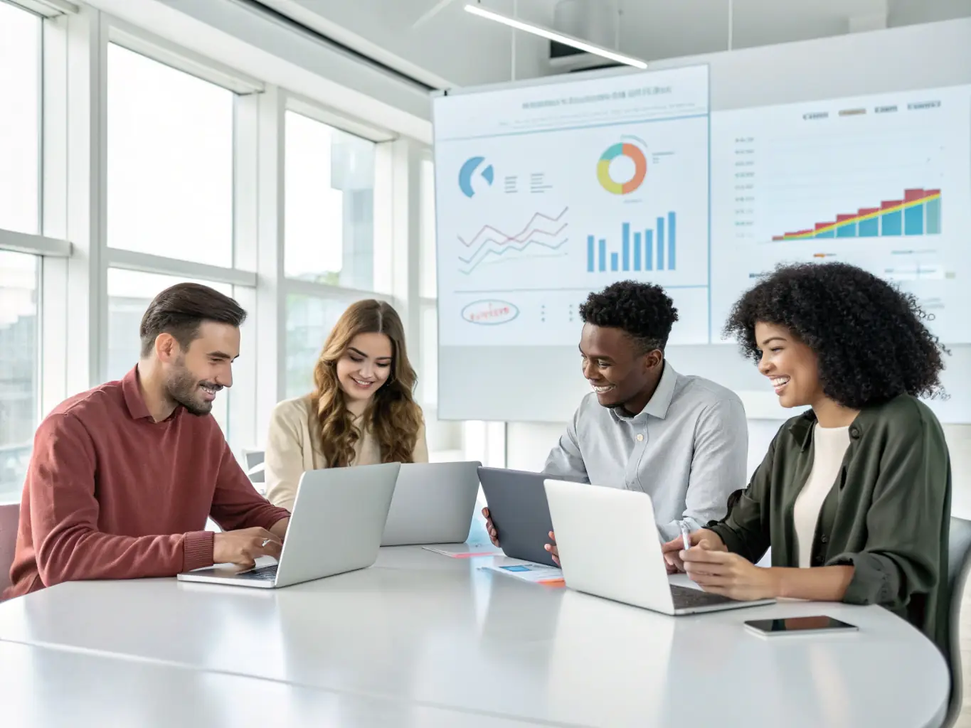 A diverse group of mining professionals collaborating on a project plan in a well-lit conference room, representing flexible funding options.