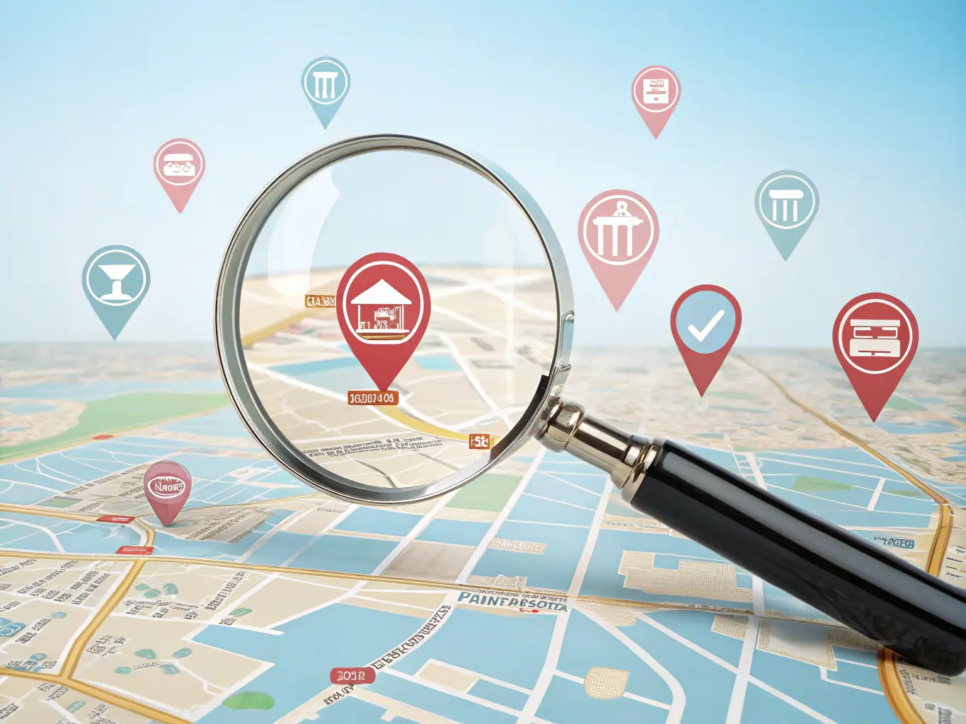 A digital illustration of a magnifying glass over a map highlighting various pest control service areas, representing Mulah's industry-specific expertise.