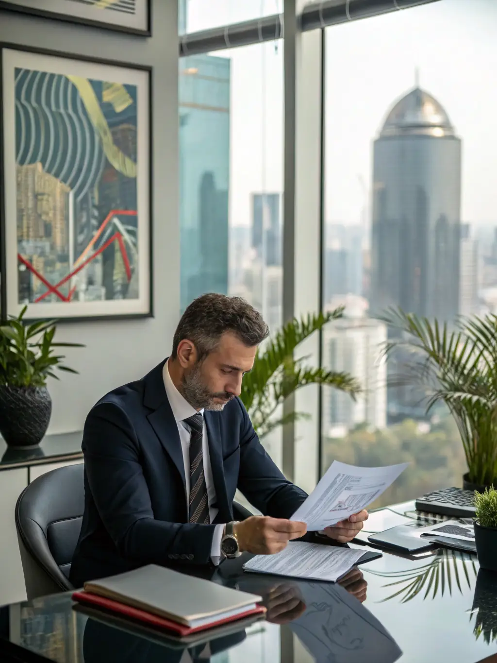 A professional landscaper reviewing financial documents with a satisfied expression, sunlight streaming through the office window, symbolizing trust and financial clarity.