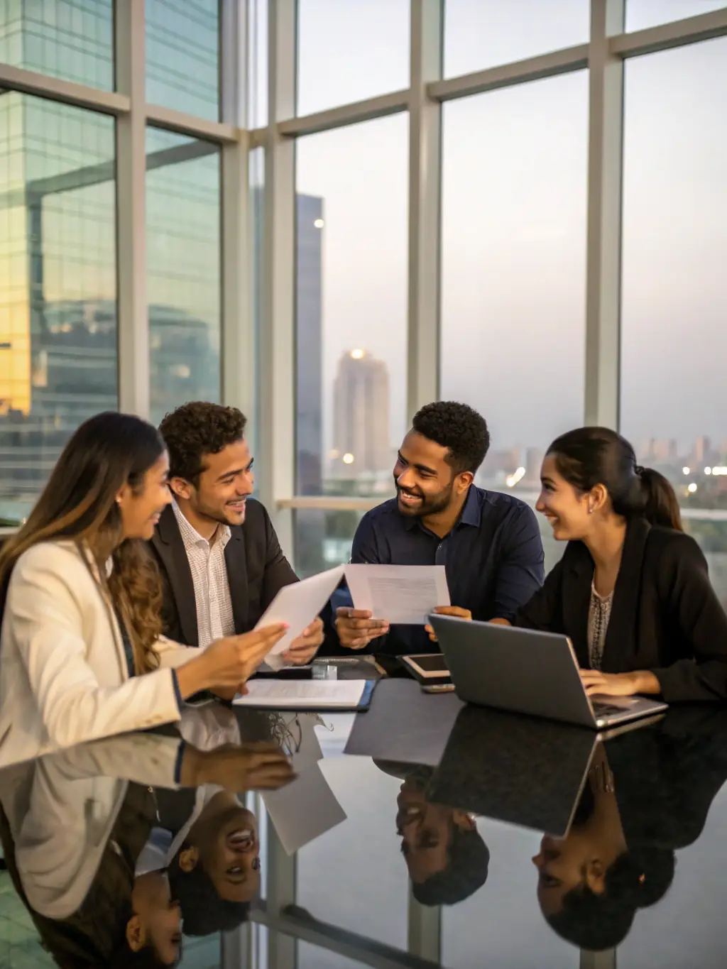 A photo of a diverse team of financial experts collaborating in a bright, modern office, emphasizing the industry knowledge and support provided by OnDeckClone.