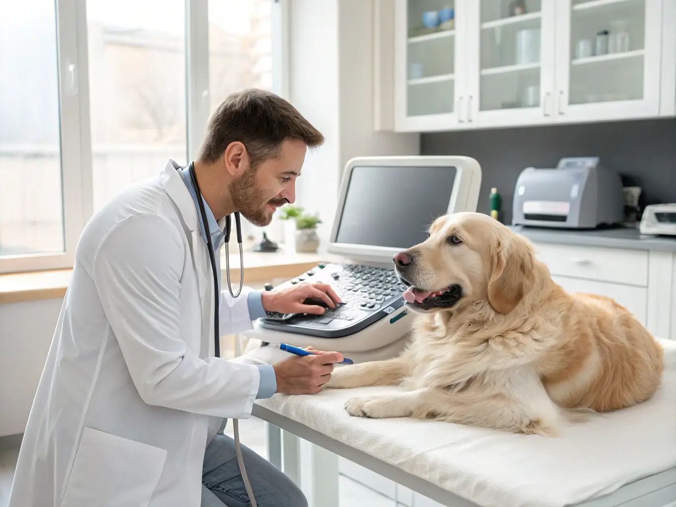A veterinarian using advanced imaging technology to diagnose a pet, highlighting the importance of modern equipment in veterinary care.