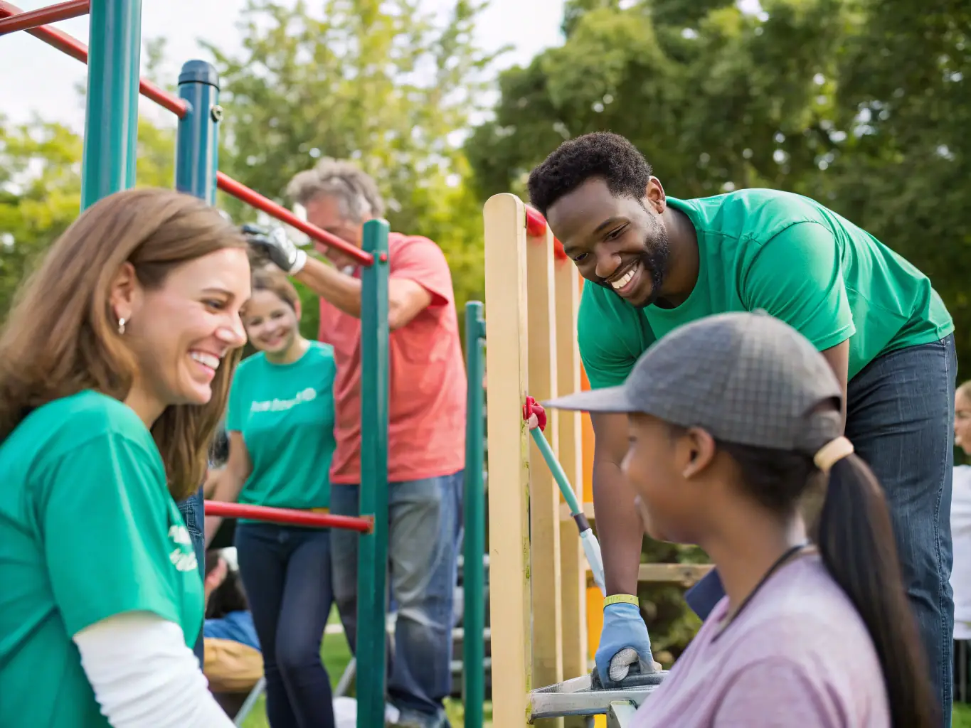 A nonprofit organization is celebrating a successful community project, with volunteers and beneficiaries smiling and interacting positively, showcasing the impact of Mulah's funding.