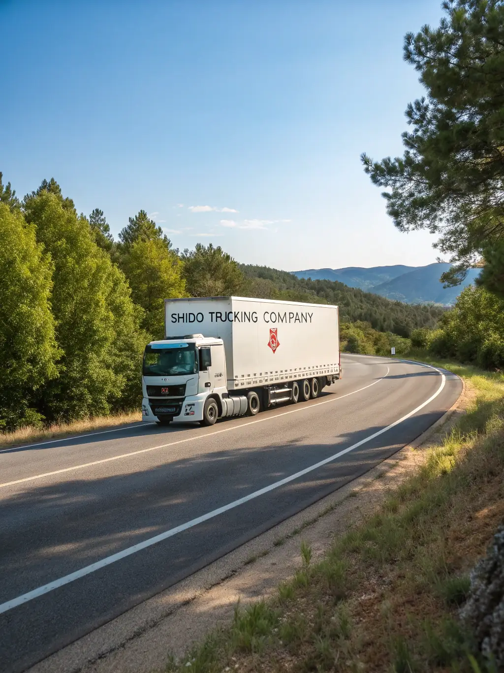 A logging truck driving through a dense forest, carrying freshly cut logs, symbolizing the need for reliable transportation and equipment.