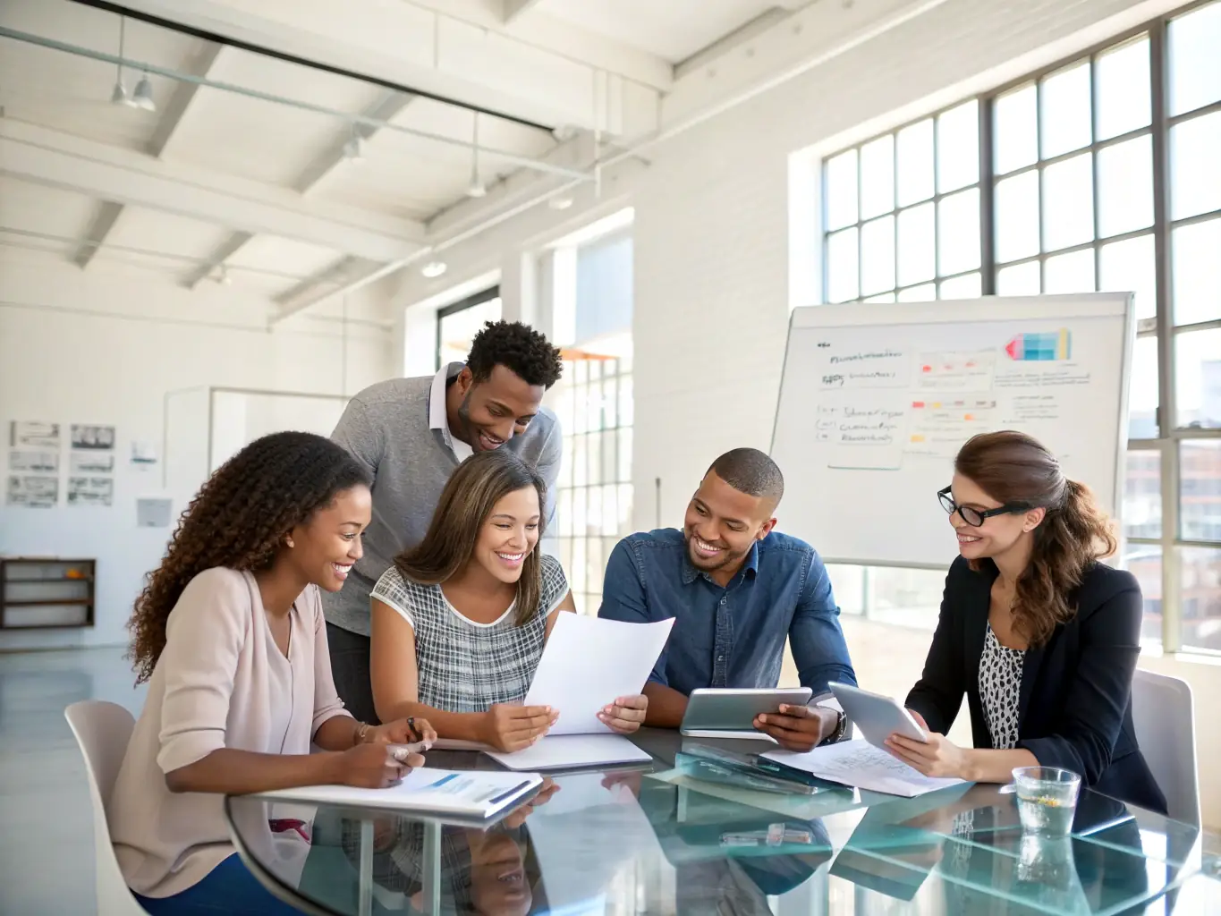 A diverse group of printing business owners collaborating in a modern office space, discussing growth strategies and financial planning.