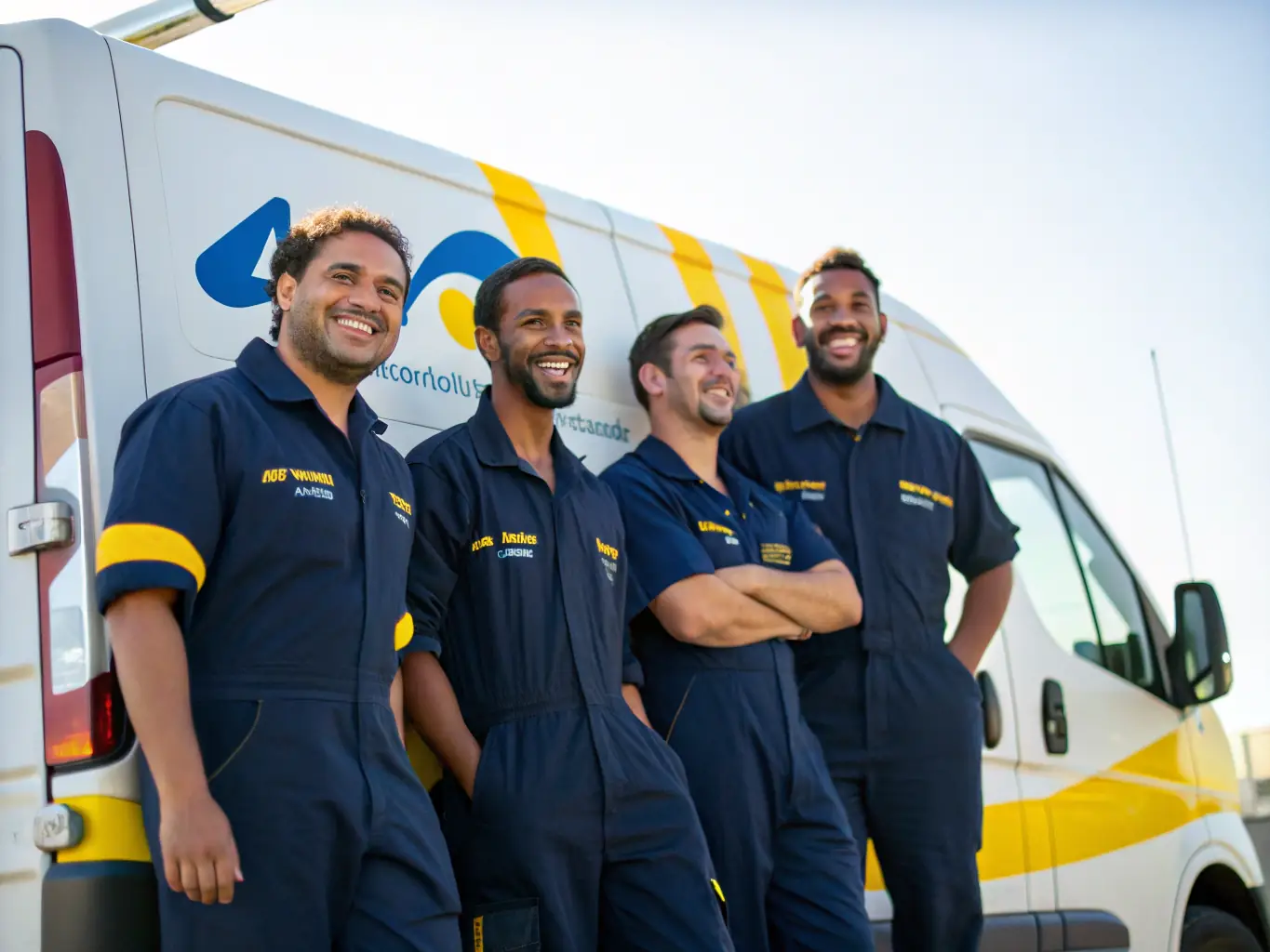 A diverse group of pest control technicians in uniform, standing proudly in front of their branded company vehicles, showcasing their professionalism and expertise.