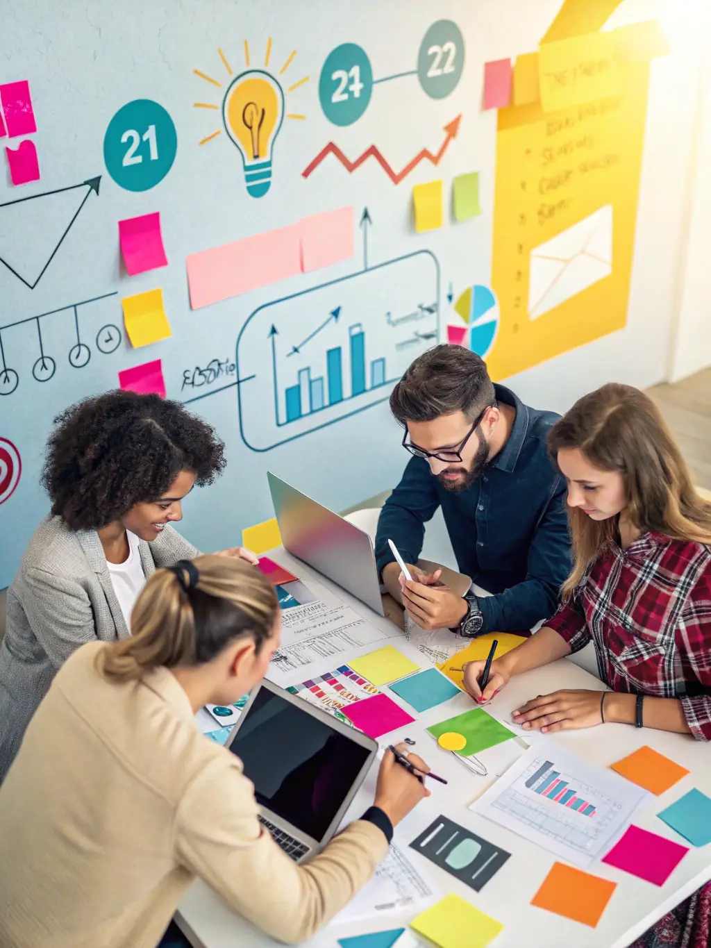 A digital illustration of a marketing team collaborating on a campaign strategy, with charts and graphs indicating growth and success, symbolizing working capital at work.