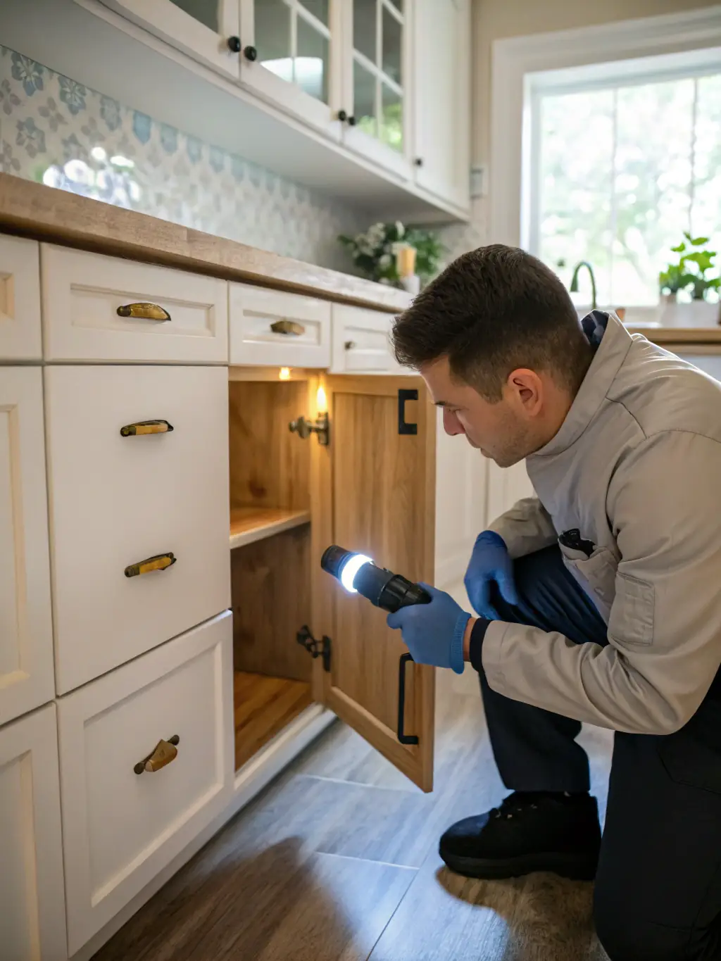 A pest control technician inspecting a commercial kitchen for signs of infestation, highlighting the need for quick solutions.