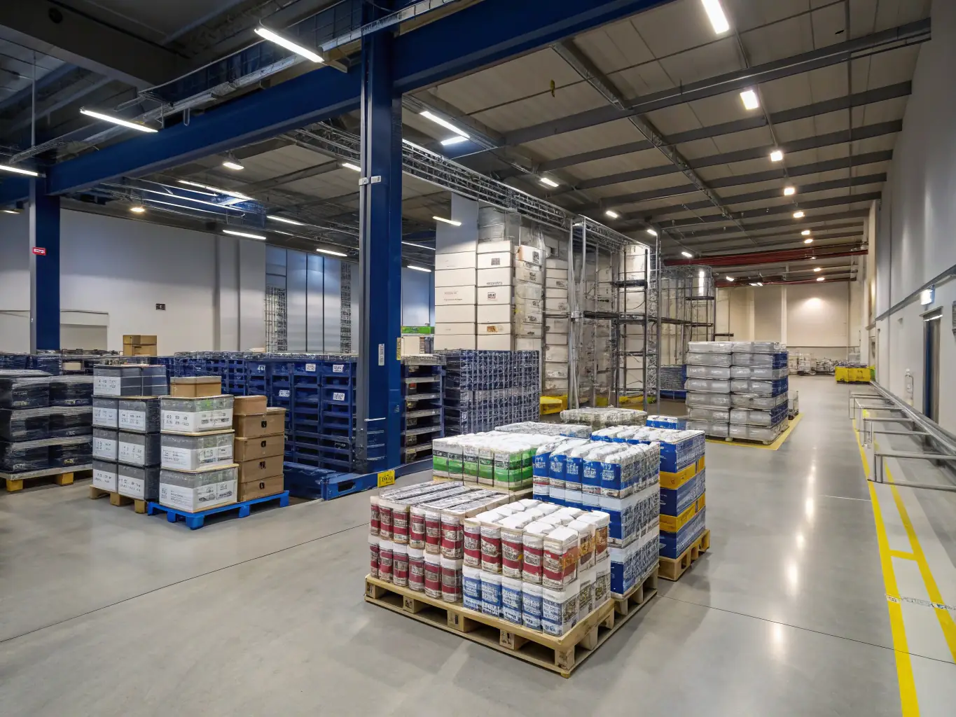 A well-organized warehouse with pallets of goods, symbolizing efficient inventory management and the need for working capital in a wholesale business.