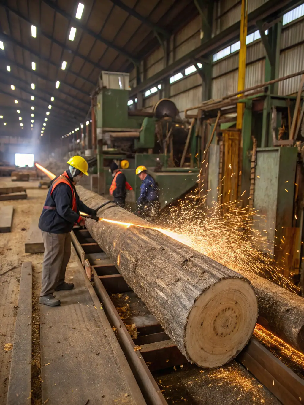 A modern logging mill with advanced machinery processing logs, showcasing the benefits of technological advancements in the industry.