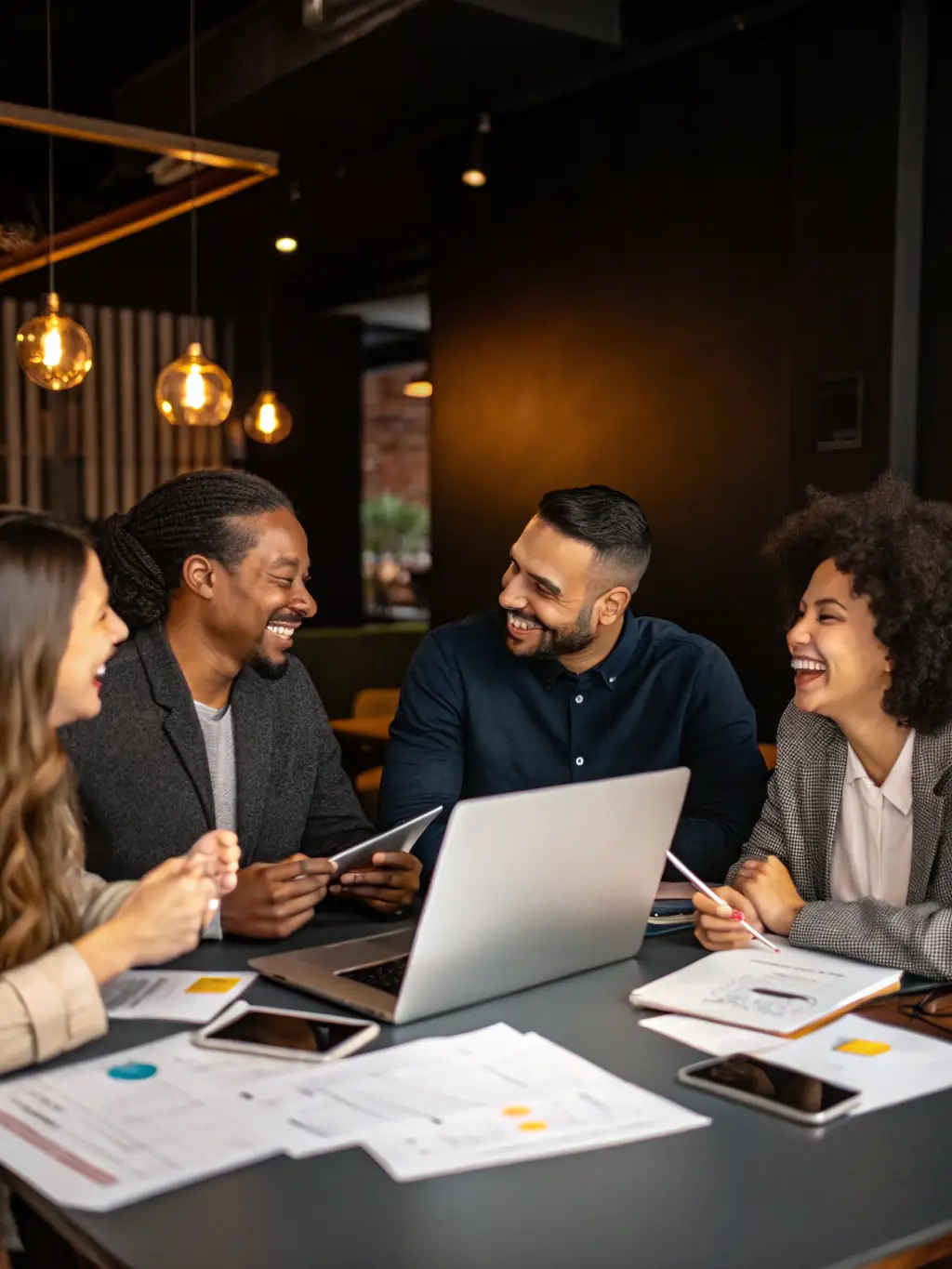 A diverse group of tobacco shop owners discussing business strategies, highlighting Mulah's community.