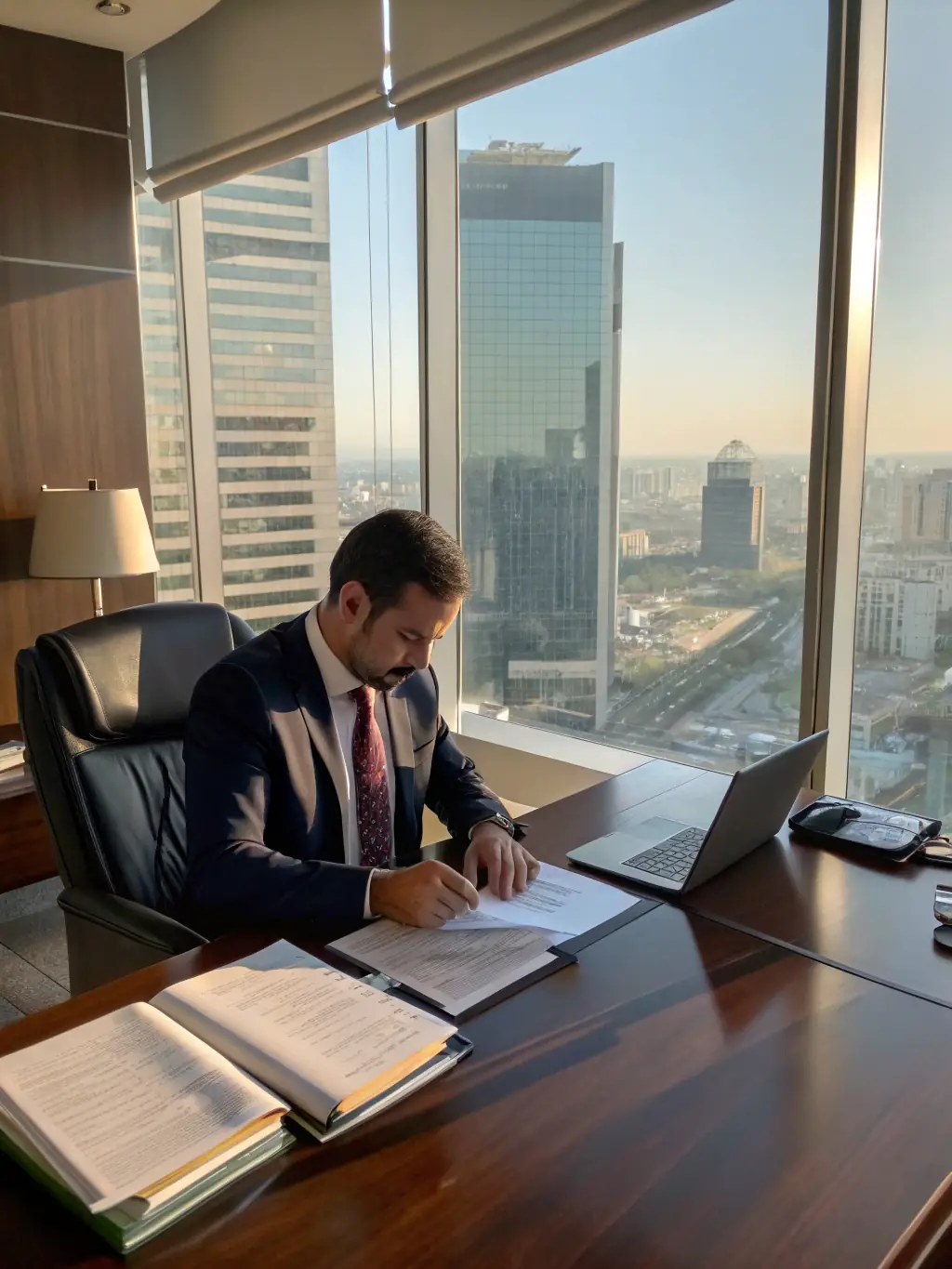 A professional lawyer in a modern office, reviewing financial documents with a focused expression, symbolizing working capital solutions for legal firms.