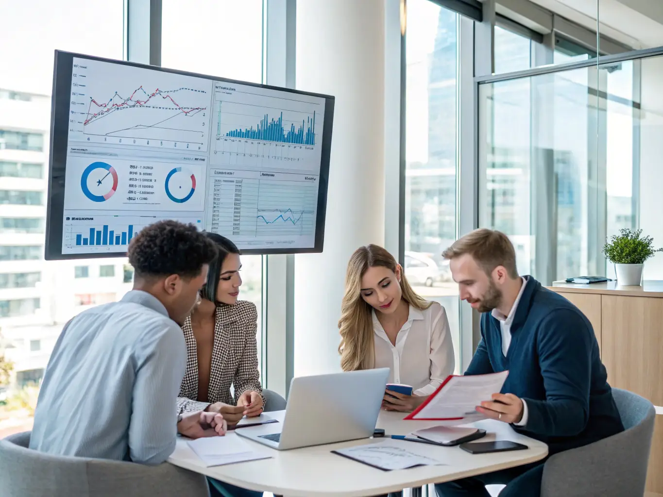 An image depicting a team of financial analysts reviewing documents and data on computer screens, representing the thorough evaluation process of funding applications.