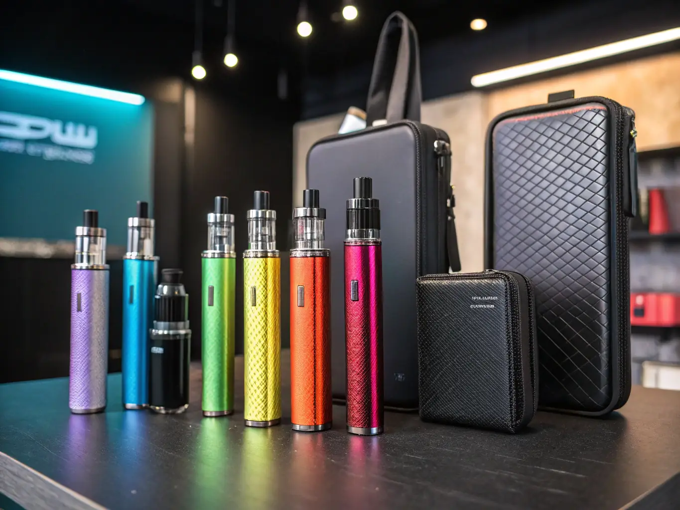 A close-up shot of various vape devices and e-liquids, highlighting the diverse inventory that equipment financing can help acquire.