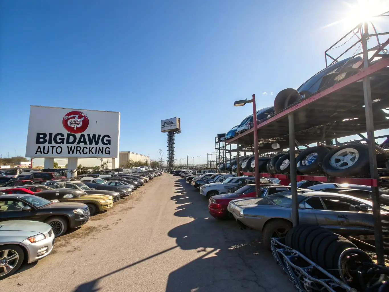 A bustling junk yard scene with various car parts and machinery, symbolizing the potential for growth and expansion with the right funding.