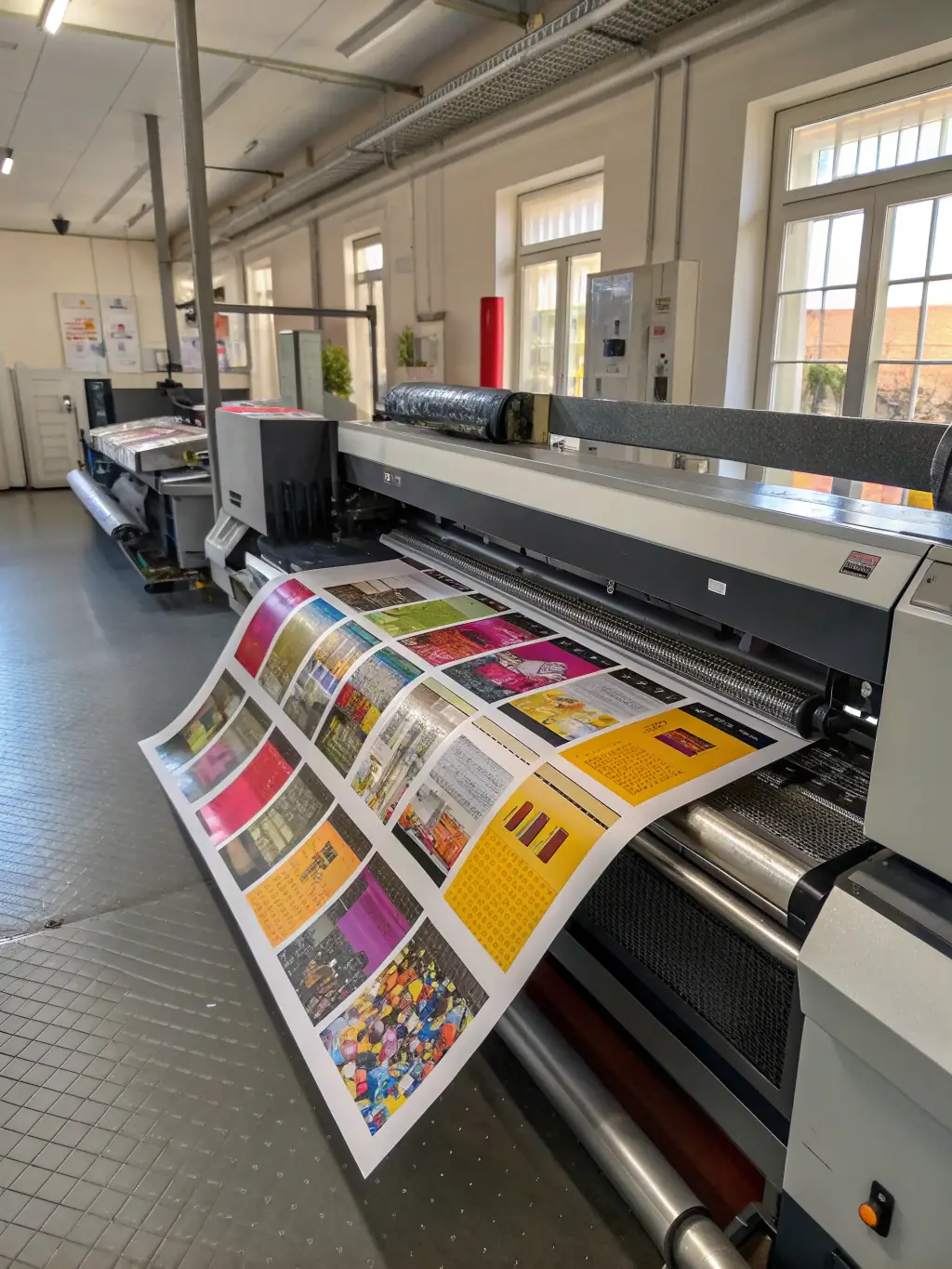 A high-quality photo of a modern printing press in operation, showcasing its advanced technology and efficiency. The image should convey precision and reliability, suitable for equipment financing promotion.
