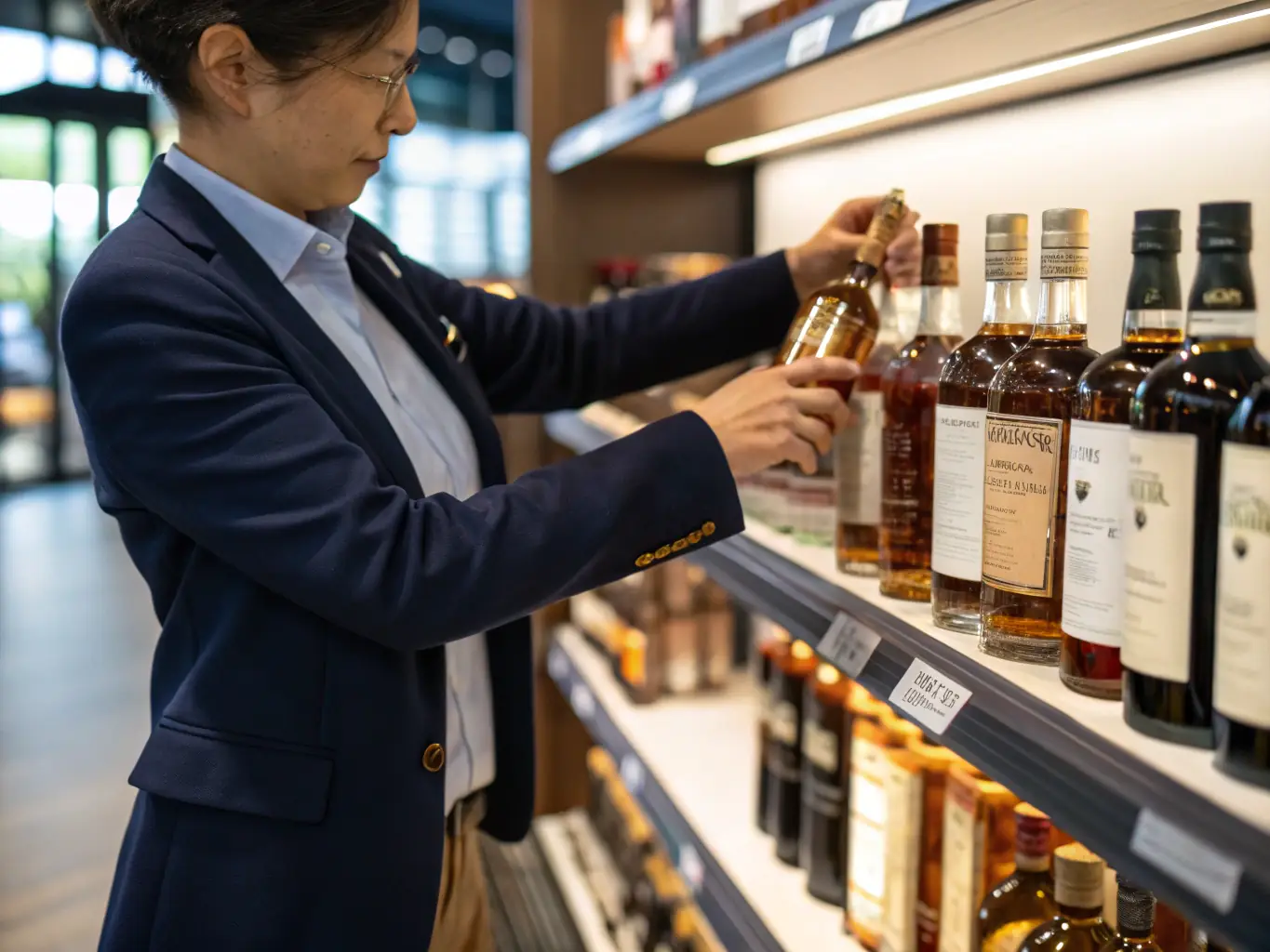 A liquor store owner smiling and confidently managing inventory, showcasing the positive impact of OnDeckClone's funding on their business operations.