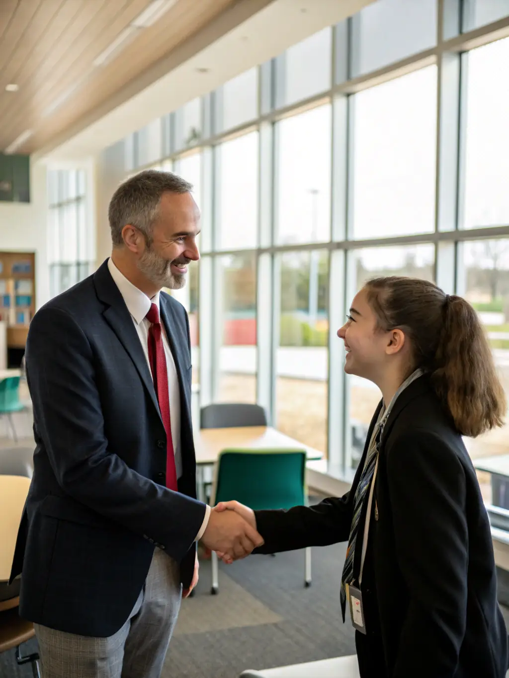 A school principal smiling and shaking hands with a Mulah representative, symbolizing a successful funding partnership. The background shows a modern school building.