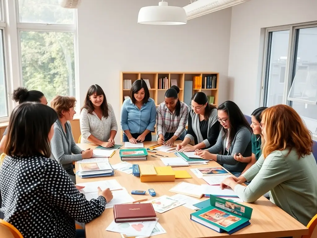 A diverse group of teachers collaborating on lesson plans using laptops and tablets, highlighting the importance of technology and innovation in modern education.