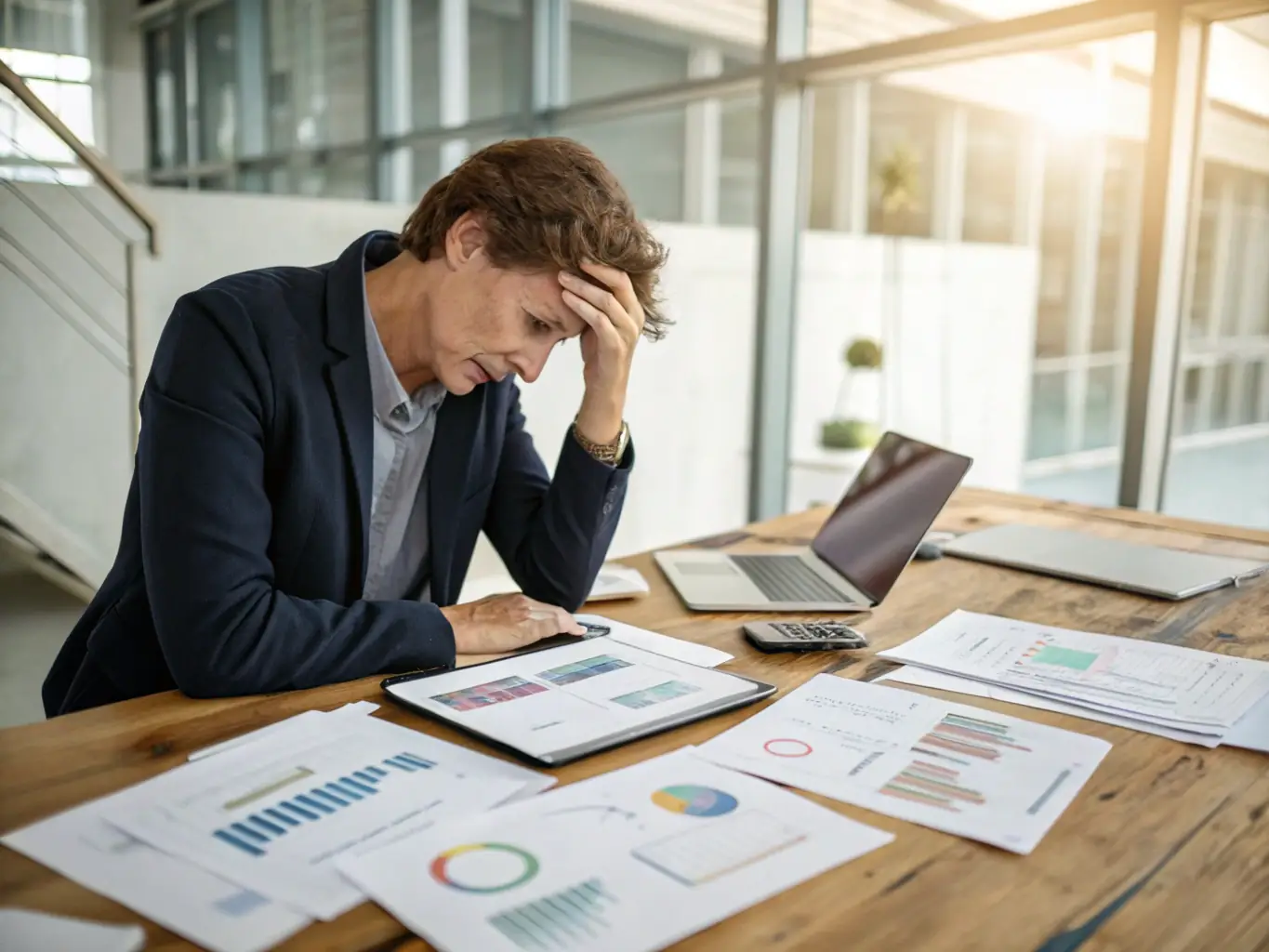 A plumbing business owner reviewing financial reports in a modern office, showcasing improved cash flow management through Mulah.com.