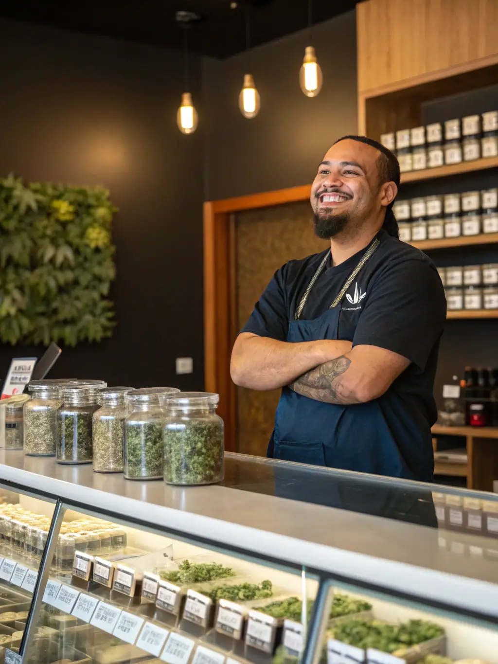 A professional photo of a smoke shop owner smiling and confidently pointing to a tablet displaying positive business growth charts, symbolizing the benefits of fast funding approval.